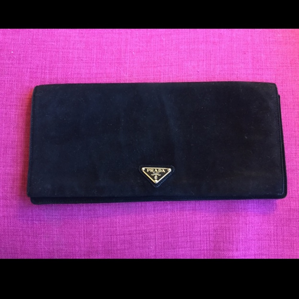 PRADA Couture Black Suede Clutch, Pink Silk-Lined